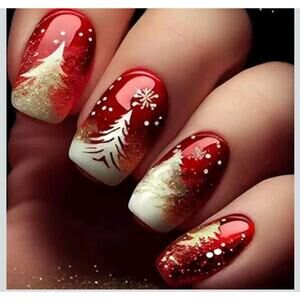 Christmas Press on Nails Medium Square SWEKKE Red & Gold Fake Nails Winter False